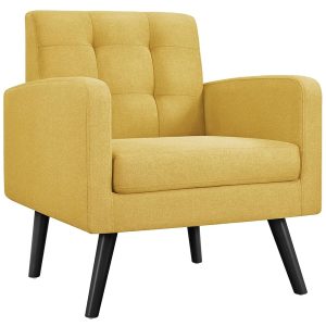 Yaheetech Mid-Century Accent Chairs, Modern Upholstered Living Room Chair, Cozy Armchair Button Tufted Back and Wood Legs for Bedroom/Office/Cafe, Yellow