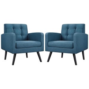 Yaheetech Mid-Century Accent Chairs, Modern Upholstered Living Room Chair, Cozy Armchair Button Tufted Back and Wood Legs for Bedroom/Office/Cafe, Set of 2, Navy Blue