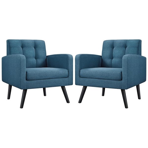 Yaheetech Mid-Century Accent Chairs, Modern Upholstered Living Room Chair, Cozy Armchair Button Tufted Back and Wood Legs for Bedroom/Office/Cafe, Set of 2, Navy Blue