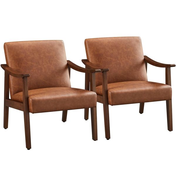 Yaheetech PU Leather Accent Chair, Mid-Century Modern Armchair with Solid Wood Legs, Reading Leisure Chair with High Back for Living Room Bedroom Waiting Room, Set of 2, Brown