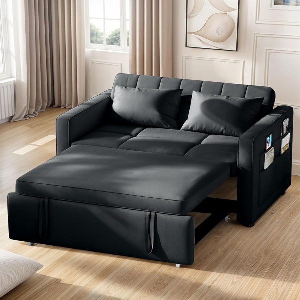 YITAHOME 55" Convertible Sofa Bed, 3-in-1 Sleeper Sofa with Pull-Out Bed, Velvet Futon Couch with Reclining Backrest and Side Pocket, Modern Loveseat for Living Room, Black,...