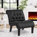 Yongqiang Black Faux Leather Accent Chair Modern Button Tufted Upholstered Armless Chair for Bedroom Living Room with Wood Legs