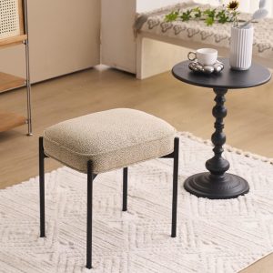 YOUNIKE Beige Comfy Ottoman Vanity Stool Boucle Velvet Boho Small Foot Stool Tufted Lamb Fleece Upholstered Makeup Chair with Metal Legs Fabric Cute Vanity Bench for Bedroom...