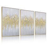 Zessonic Abstract Wall Art For Living-room: Framed Glam Gold Hand-Painting Canvas Art for Bedroom Decor Glitter Abstract Artwork for Modern, Contemporary Decor, (Set of 3, 24 x...