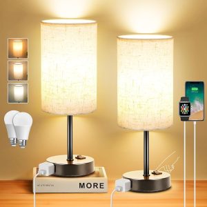 ZJOJO Table Lamp for Bedroom Set of 2, Bedside Small Lamps with 3 Way Dimmable Rocker Switch and AC Outlet, Nightstand Desk Lamp with Flaxen Fabric Shade Black Base for Living...