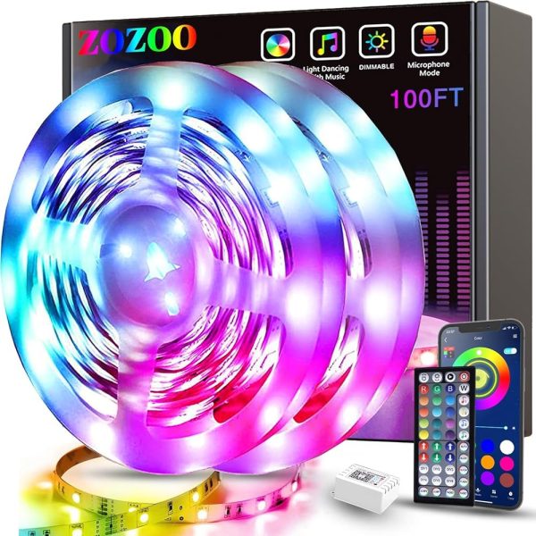 ZOZOO 100ft Led Lights for Bedroom(2 Rolls of 50ft), Smart RGB Led Strip Lights with 44-Key Remote & APP Control Music Sync with Color Changing for Home Party Festival Decoration