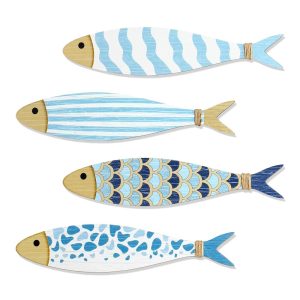 Zzbakress 4 Ps Vintage Beach Wall Decor Wooden Fish Nautical Wall Art Coastal Wall Art Blue Fish Wall Sculpture Lake House Hanging Decor Ocean Room Decor for Bathroom Bedroom...